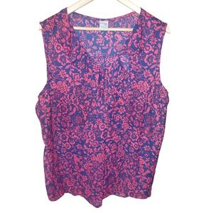 Terra & Sky Navy Blue Pink Floral Ruffle V-Neck Blouse Top 1X 16W-18W